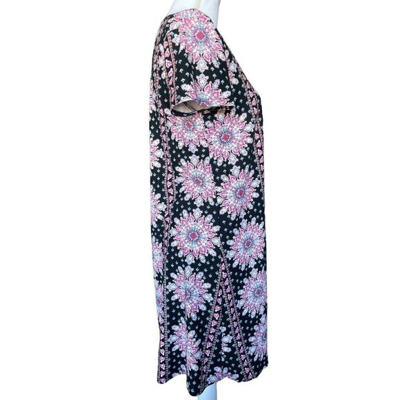 Pink Rose Dress Women's Size Large Short Sleeve Stretchy Black Pink Teal - Picture 6 of 12